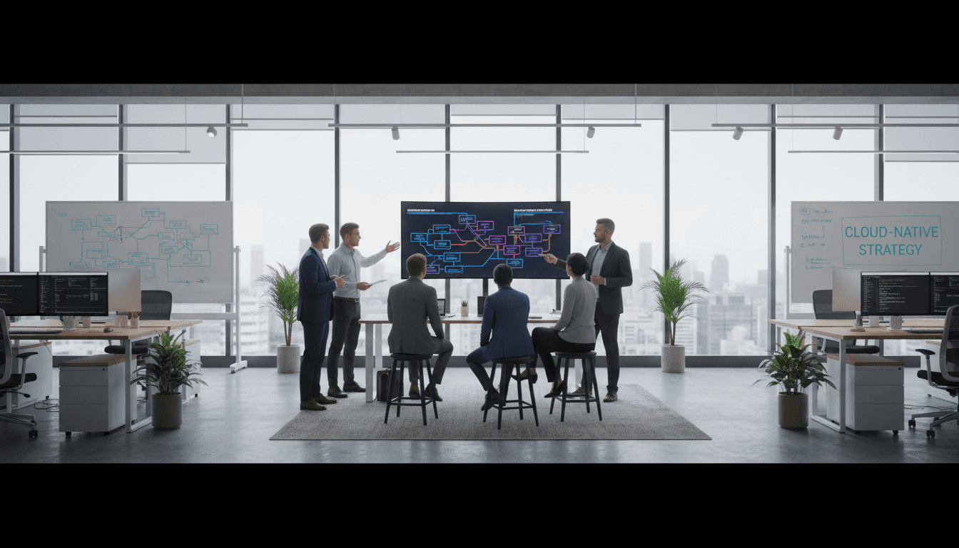 Team members working together at a modern office desk with multiple computer monitors and IT infrastructure diagrams