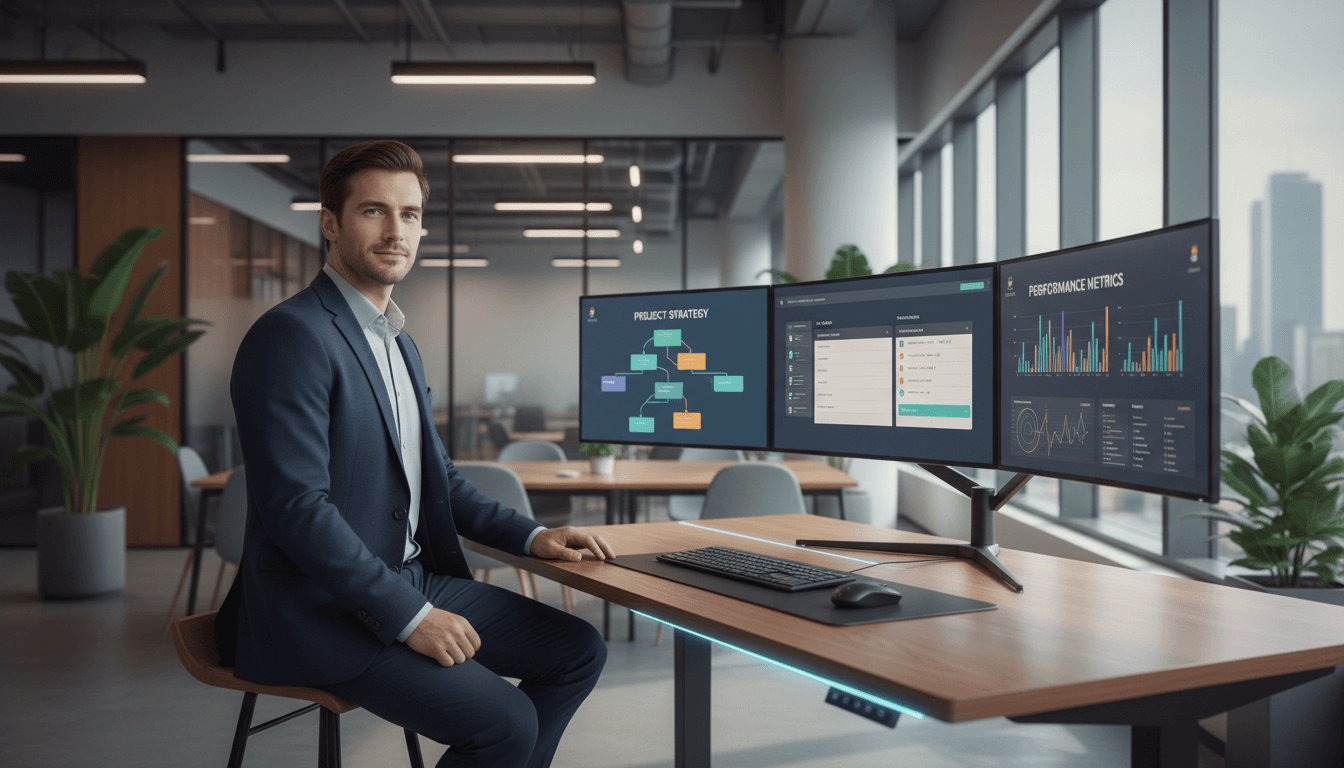 Megan Suarez working at her desk with technology infrastructure displayed